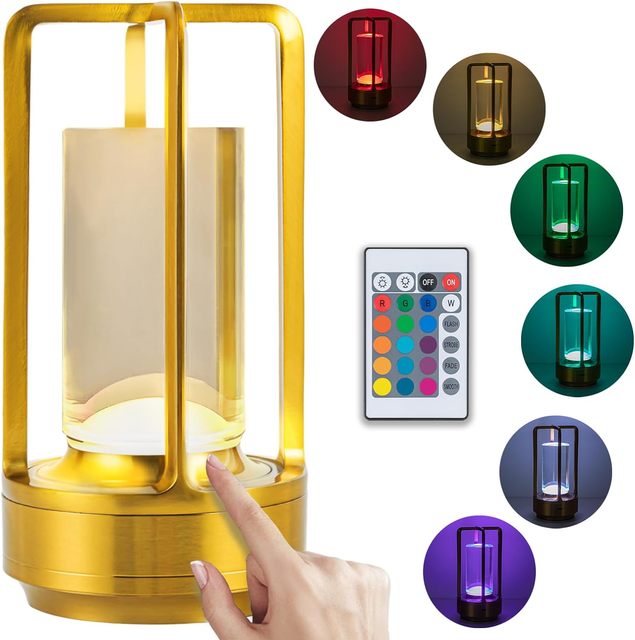 Gold RGB Color Change Crystal Lantern Rechargeable Cordless LED Table Lamp with Touch Control and Remote