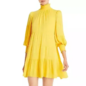 OEM Custom Summer Ladies Wears Sweet Casual Ruffles Loose Yellow Candy Color Party Elegant Long Sleeve Elegant Dress for Women