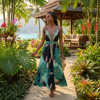 Robe longue bohème à imprimé tropical pour femme, sans manches, col en V, coupe trapèze, ceinture tissée, tenue de plage estivale, motif floral, taille naturelle
