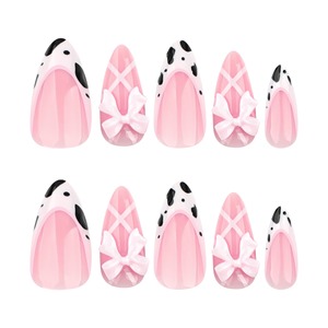 24 unids/set suave acrílico 3601 <span class=keywords><strong>vaca</strong></span> francesa estampado Rosa dulce lazo corto almendra <span class=keywords><strong>uñas</strong></span> con arco prensa en las <span class=keywords><strong>uñas</strong></span> artificiales - Product Image 5