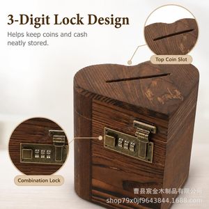 Hucha de madera con forma de corazón, caja de almacenamiento de monedas con cerradura, tarro decorativo para dinero, para habitación de niños, dormitorio, escritorio de oficina - Product Image 4