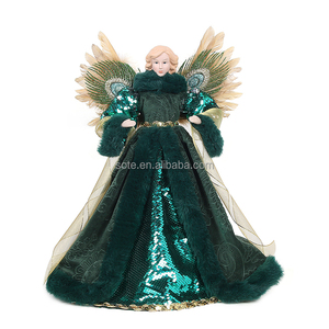 Ornements de Noël en forme d'ange vert foncé scintillant, décorations de Noël pour le sommet de l'arbre, ailes de plumes de paon, décorations de Noël en fibre + résine 30CM/40CM - Product Image 3