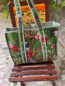 Bolso de Mano Acolchado de Algodón con Estampado de Bloques, Funcional para Oficina, Mercado, Salidas Casuales, Viajes y Compras - Product Image 3