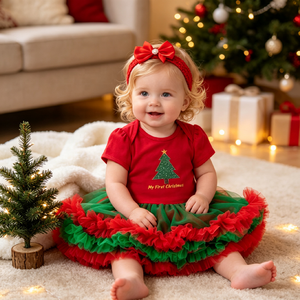 Set di 2 Pezzi per Bambine, Vestito Natalizio da Festa, Abito Principessa in Rete Rosso e Verde con Testa di Babbo Natale per Neonata - Product Image 5