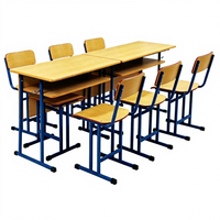 Ensemble de bureau et chaise d'école 3 places, bureau d'élève avec tiroir de rangement, structure métallique, plateau en bois, mobilier scolaire