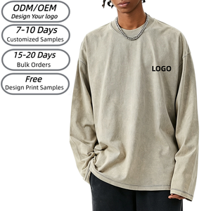 Wholesale Custom Logo Blank Acid Wash Sweatshirt Men <b>Vintage</b> Oversized Heavyweight Cotton Long Sleeve Crewneck <b>Tee</b> TKAN9161 - Product Image 1