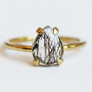 Gemstone jewelry manufacturer natural pear cut black rutilated quartz 925 wholesale silver gemstone jewelry ring