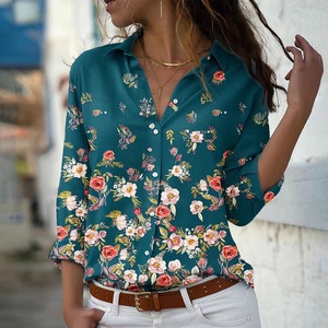 2024 Phụ Nữ Ngọt Ngào In Hoa Voan Top Cross-Biên Giới Giản Dị Dài Tay Áo Lỏng Nút Áo Sơ Mi Hot Bán Độc Lập Trạm - Product Image 6