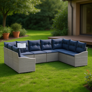 ชุดโซฟาสวนหวายโพลีสีเทา 9 ชิ้น พร้อมเบาะรองนั่ง เฟอร์นิเจอร์กลางแจ้ง สไตล์ร่วมสมัย - Product Image 2