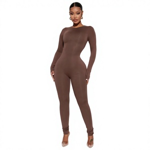 Combinaison longue marron taille haute pour femme, manches longues, col rond, coupe ajustée, en tricot Spandex Polyester, tenue de club - Product Image 1