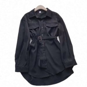 秋の春の新しいミドル丈ブラウスチュニックラペル付きトップスヴィンテージ長袖レースアップレディース - Product Image 3
