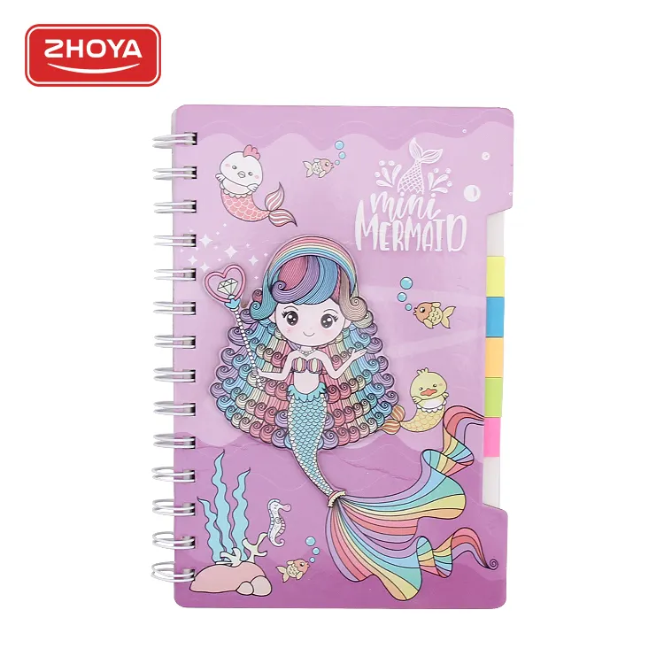 Customized Printing Hardcover Fancy Stationary Mermaid Cover Coil Notebooks With Sticky Notes