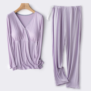 Ensemble de pyjama long pour femme enceinte, hauts et pantalons de <span class=keywords><strong>maternité</strong></span> et d'<span class=keywords><strong>allaitement</strong></span>, croisé sur le devant, tailles M L XL XXL 3XL - Product Image 1