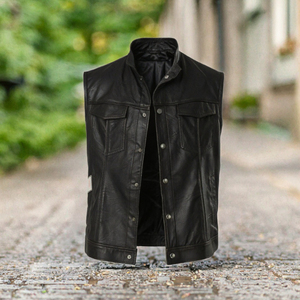 Chaleco de Motocicleta de Invierno para Hombre, de Lona Negra Sólida Acolchada con Cuero, Sin Mangas, con Cierre de Cremallera y Bolsillos con Solapa, ODM - Product Image 2