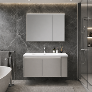 <span class=keywords><strong>Mobile</strong></span> <span class=keywords><strong>Bagno</strong></span> Sospeso di Lusso a 2 Ante, Grande Capacità, con Lavabo Integrato, Laccato Grigio Chiaro, con Illuminazione Laterale Rotonda - Product Image 1