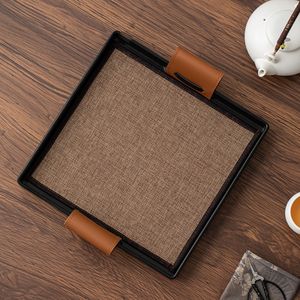 Bandeja de té cuadrada con asas de cuero, superficie tejida de bambú, almacenamiento multifuncional para uso en mesa de preparación de té seco - Product Image 4