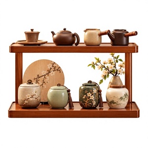 Soporte de Exhibición de Té Multifuncional de Una Sola Capa, Hecho a Mano en Estilo Chino, de Madera Resistente, con Teteras y Recipientes de Porcelana - Product Image 1