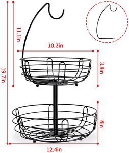 Wideny Kitchen Accessories Home Black 2-Tier Countertop Fruit Vegetables Bowl Storage Basket With Banana Hanger