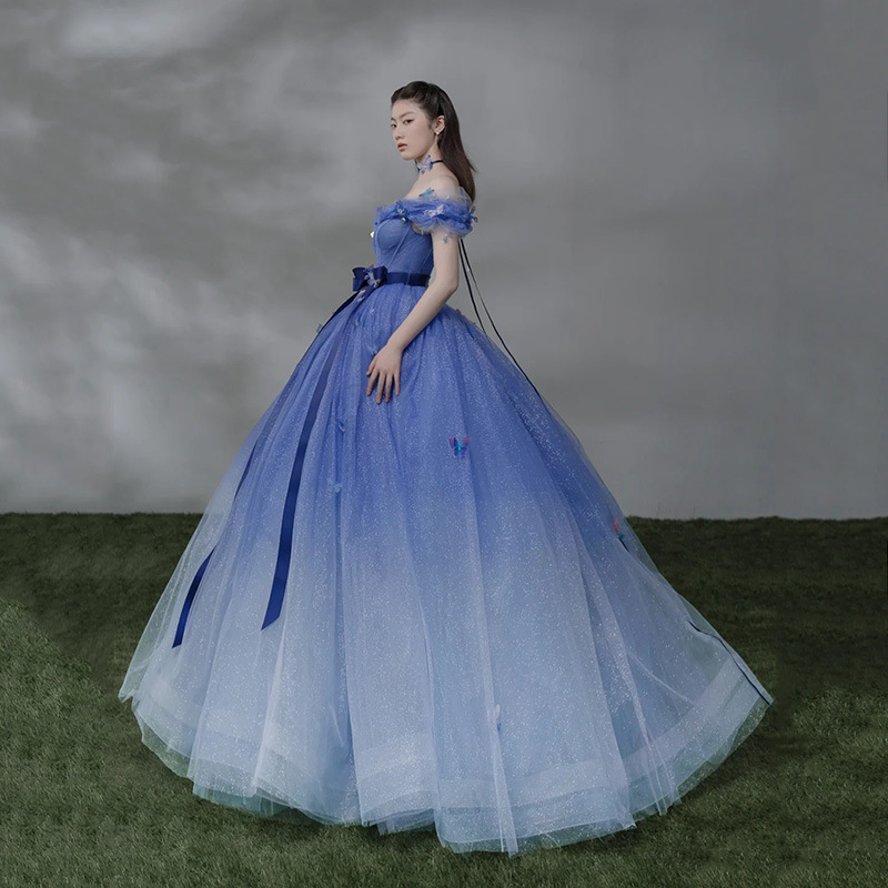 gradient blue prom dress Blue Gradient Tulle Long A-Line Prom Dress, Blue Strapless Evening Par main image 1
