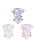 Maillot de bain bébé une pièce à manches courtes, demi-zip, imprimé licorne et marguerites florales, jambes à volants, base lavande ton sur ton, pour l'été