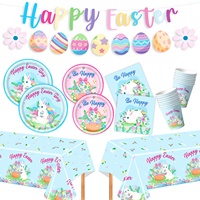 Assiettes, gobelets, serviettes, couverts, décorations, décorations de gâteau, ballons et spirales en papier à thème Lapin de Pâques et Œuf, style mignon pour fête