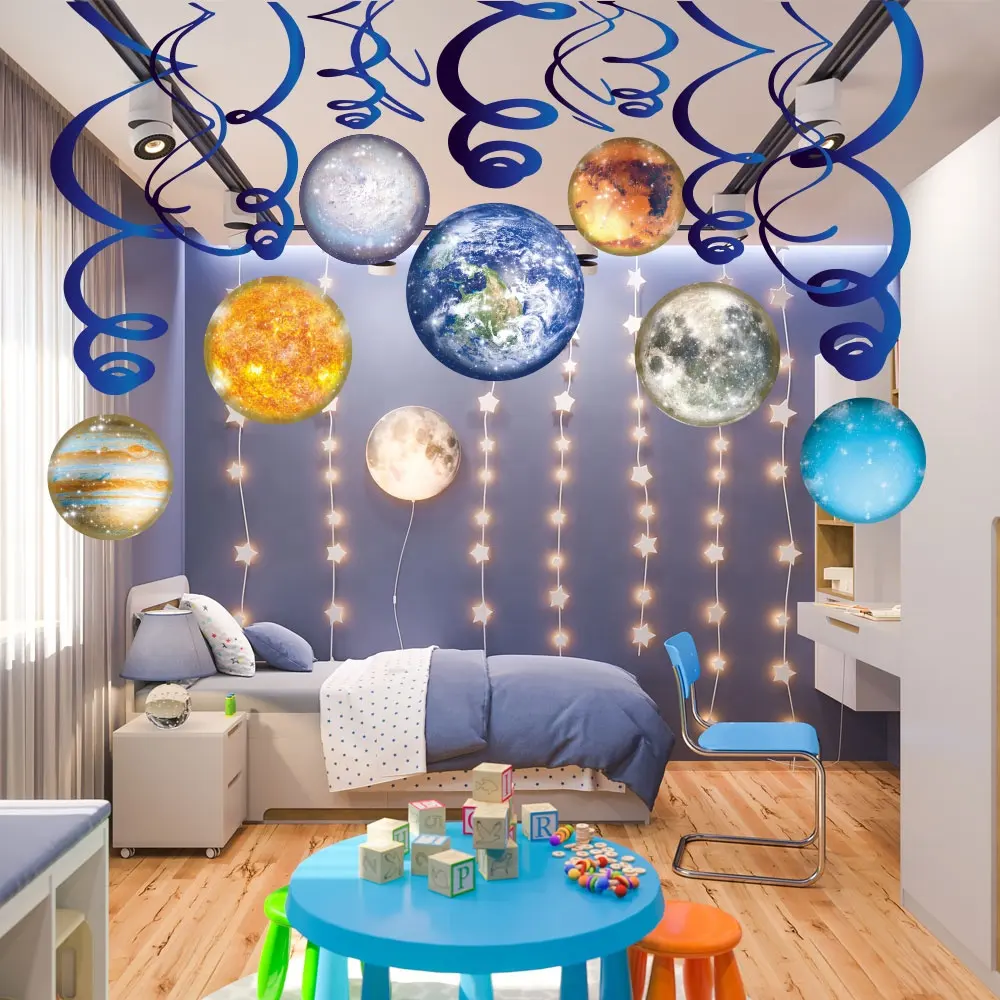 Huancai outer space party decorations solar system hanging foil swirls 30Cts ceiling streamers for kids birthday party supplies