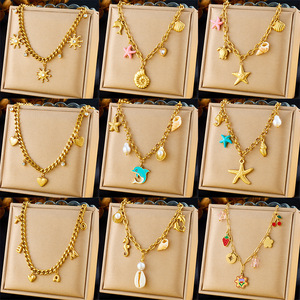Ocean Theme Necklace With Dolphin Starfish Shell Charms Chunky Chain Daily Wear Fashion Pendant - Product Image 5