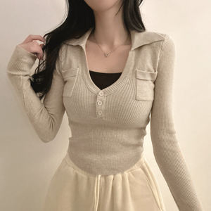 เสื้อถักไหมพรมคอปกหวาน แขนสั้น สไตล์ Y2K แต่งกระเป๋าสีสันตัดกัน สำหรับผู้หญิง - Product Image 1