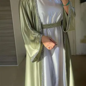 New Design Eid Dubai Islamic Modest Abaya Women Muslim Dress Inner Slip Dress Abaya Set Diamond Satin Silk Open Abaya