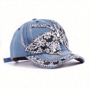Casquette de baseball élégante en jean délavé avec strass papillon scintillant pour femme – Vente en gros - Product Image 4