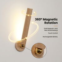 Applique Murale LED Magnétique Sans Fil Rotative à 360° en Bois, Rechargeable, Portable, Contrôle Tactile, Gradation Continue, Style Contemporain