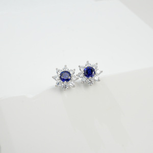 925 Sterling <b>Silver</b> <b>Stud</b> Earrings, Round Lab Created Sapphire with CZ Halo Sunflower Fine Jewelry for Women - Product Image 2