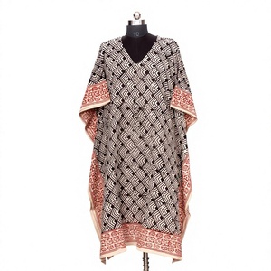 Vestidos Kaftan de Algodón Tejido a Mano en India, Ecológicos, Lavables, con Estampado Floral, para Mujer, Largos hasta la Rodilla, Casuales, Talla Única, Naturales - Product Image 1
