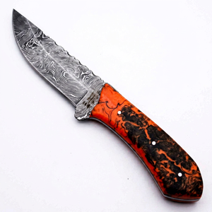 Herramienta Utilitaria de Hoja Fija de Acero Damasco Trenzado Hecha a Mano Personalizada – Mango de Madera Estabilizada con Resina Naranja - Product Image 1
