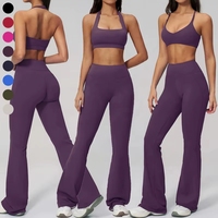 Ensemble de sport pour femme effet seconde peau, soutien-gorge de sport dos nu, pantalon de yoga évasé taille haute, 2 ou 3 pièces, couleur unie, tenues de fitness