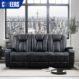MANWAH CHEERS Vente en gros d'usine Canapé inclinable électrique en similicuir noir <span class=keywords><strong>3</strong></span> places pour home cinéma avec table basse, porte-gobelets et éclairage LED - Product Image 3