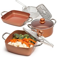 Set peralatan masak 7 buah, keranjang goreng logam berkelanjutan, peralatan masak persegi anti lengket untuk koki tembaga