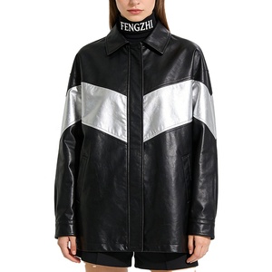 <span class=keywords><strong>Giacca</strong></span> <span class=keywords><strong>Camicia</strong></span> Trendy Bicolore in <span class=keywords><strong>Ecopelle</strong></span> con Colletto a Punta Chiusura con Bottoni Tasche Laterali Nero Argento Lunghezza Media per Donna - Product Image 1