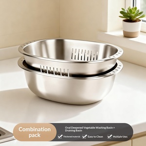Juego de coladores ovalados de acero inoxidable, cuenco grueso multiusos para lavar arroz, colador de frutas y verduras para cocina - Product Image 6