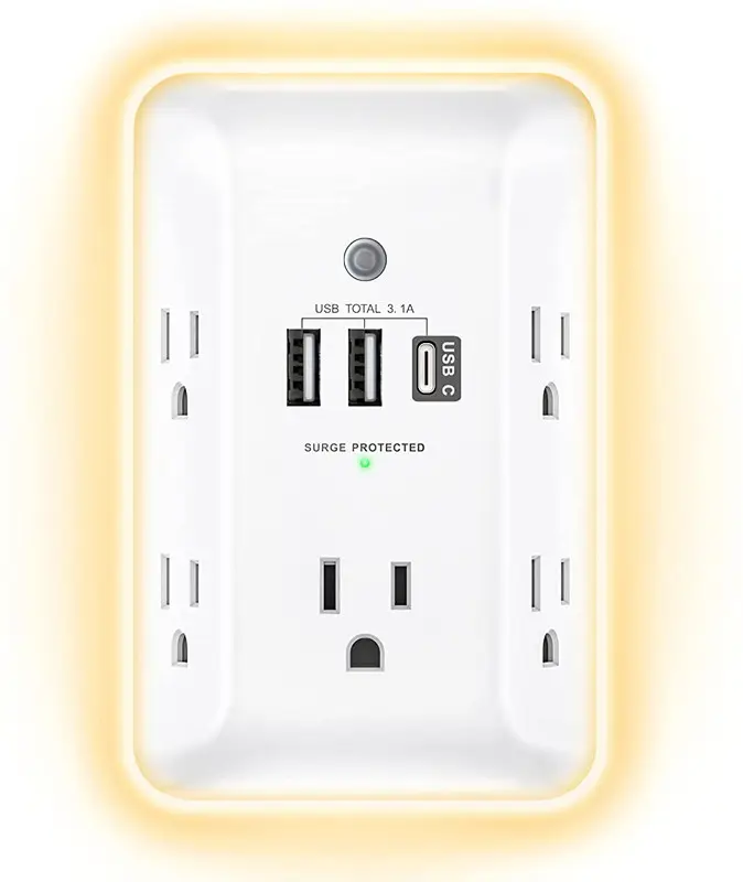 Tomada com luz noturna, 5 tomada protetora energia com 3 portas usb (1 porta usb c), uso para casa, escritório, escola