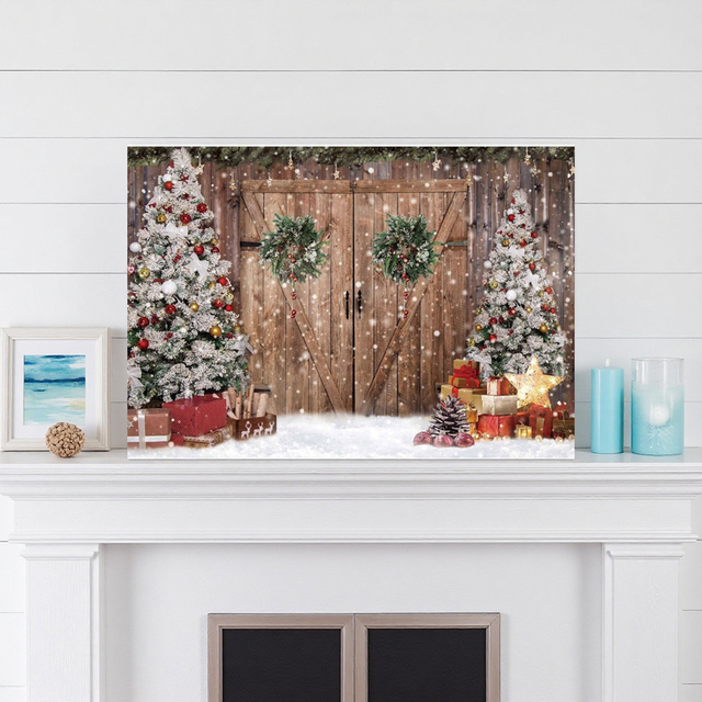 Christmas Fireplace Photography Backdrop with Tree Sock Decorations Xmas Party Photo Background Banner Studio Props