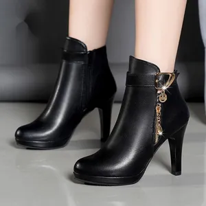 뜨거운 판매 여성 겨울 캐주얼 블랙 집업 여성 굽 신발 높은 얇은 굽 여성 신발 발목 부츠