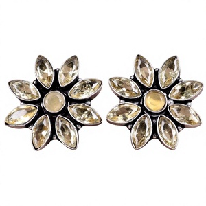Wholesale Handmade Silver Plated Sunflower <b>Cat</b> Eye Glass Bezel Setting Stud <b>Earrings</b> Statement Gift for Women - Product Image 6