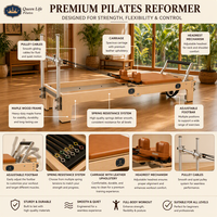 QueenLife Machine de Pilates Reformer en Bois d'Érable avec Ressorts Allemands, Plateforme de Saut, Barre de Pieds Réglable, Chaîne, Équipement de Studio de Yoga