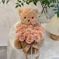 Kado Ulang Tahun LUYI Boneka Bunga Abadi dengan Beruang Memegang Buket Mawar Set Bunga Buatan Beruang Grosir