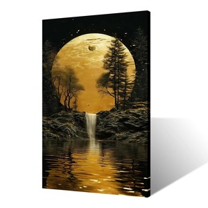 Impresión en lienzo de arte para decoración del hogar, iluminada por la luz de la luna, luna llena que brilla sobre una superficie rocosa con una pequeña cascada - Product Image 1