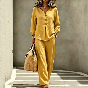 Ensemble deux pièces décontracté pour femme : haut à manches longues et col en V boutonné et pantalon, couleur unie, élégant pour le quotidien, noir, tailles S, M, L, XL, XXL, XXXL - Product Image 3