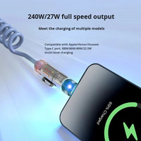 Cable de Carga Universal Rápido 4 en 1 de 240 W, CarPlay Carlife, Diseño de Resorte Retráctil, Cable de Datos y Carga USB-C/USB-A/Tipo C