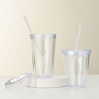 Gobelet à boisson froide transparent à double paroi de 16 oz avec insert à paillettes, paille et couvercle plat, pour les fêtes, compatible lave-vaisselle