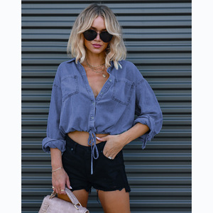 Nuova moda Retro <span class=keywords><strong>camicia</strong></span> a doppia tasca da <span class=keywords><strong>donna</strong></span> ampia e comoda al giorno giacca corta in Denim Casual - Product Image 5